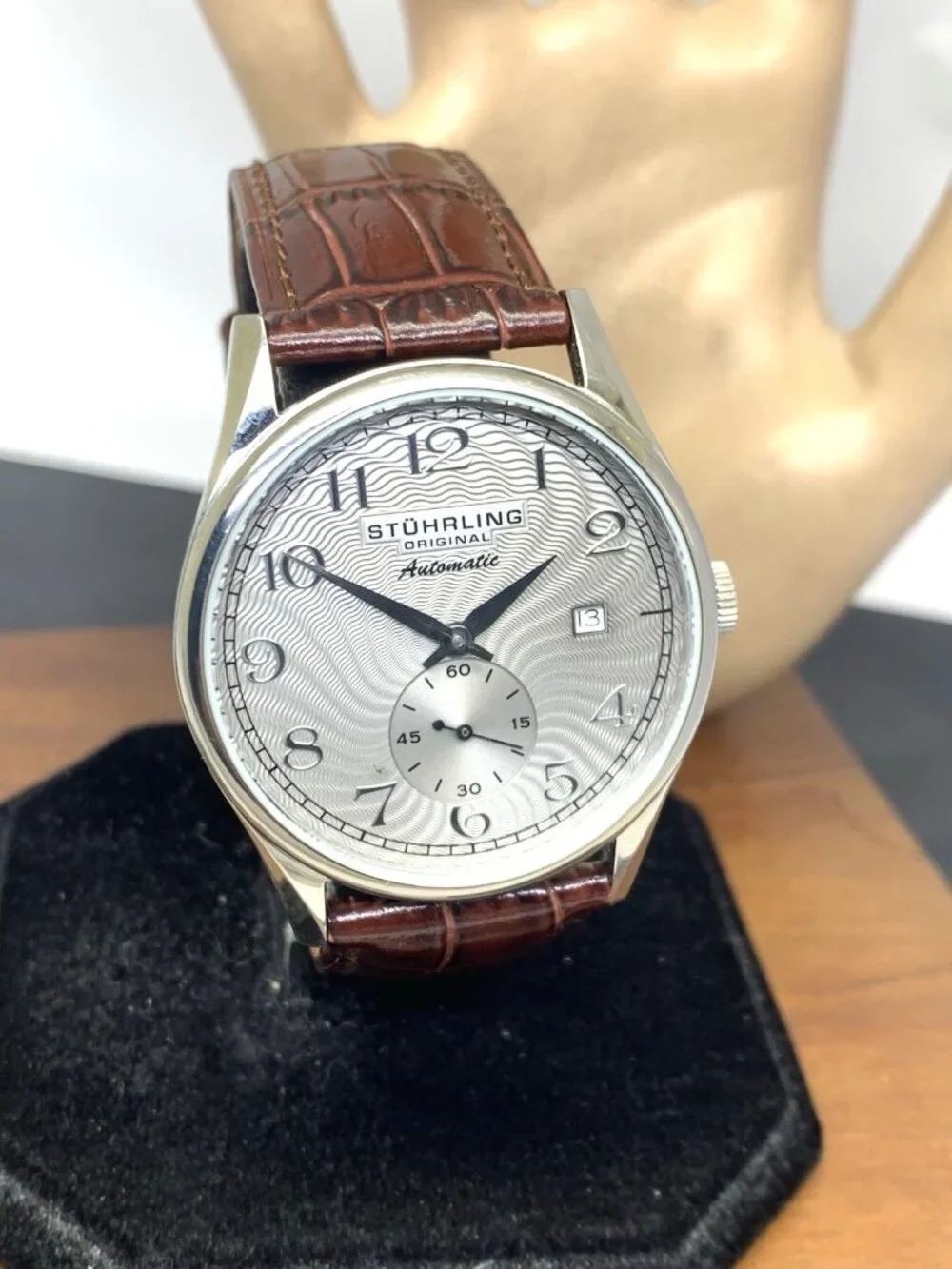 Stuhrling Men's Watch 171 Automatic Gray Dial Silver Brown Leather Band 40mm